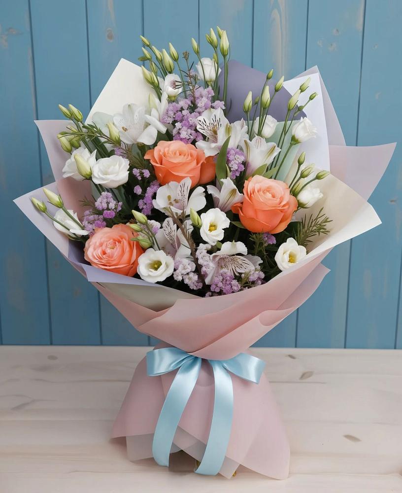 Букет цветов из: Лизиантусы, Розы, Альстромерии и Гипсофила в Красногорском Удмуртская Республика